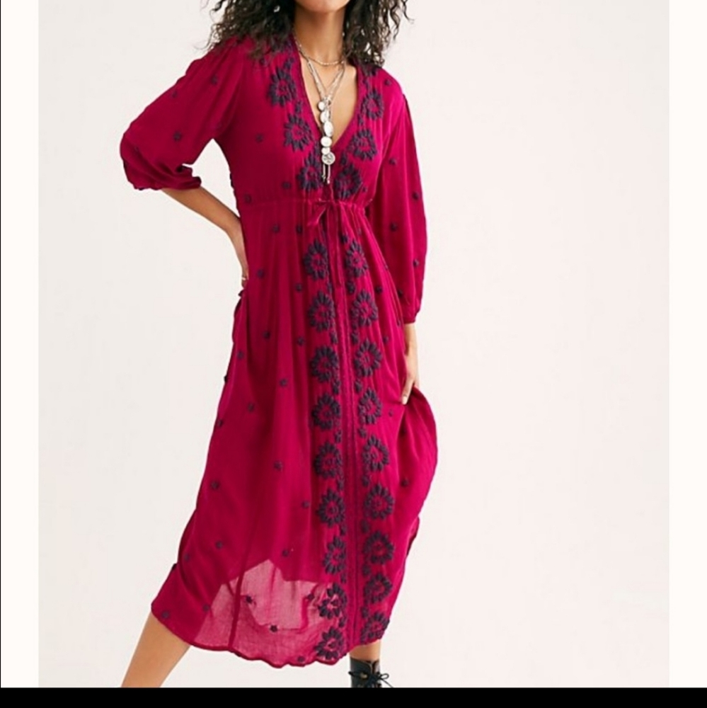 Free people embroidered boho maxi dress hot pink waist draw string size S